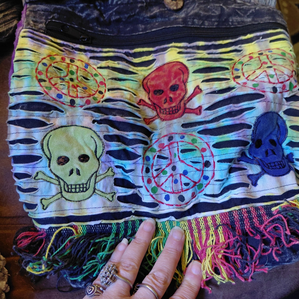 Colorful Skull and Peace Sign Fringe Bag